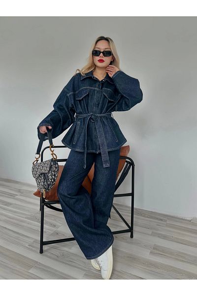 ky butikkk Blue Denim Women's Jacket and Trousers Set