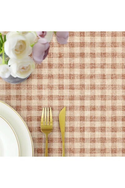 Evim Canvas Ekose  Sıvı Geçirmez Leke Tutmaz Masa Örtüsü Somon