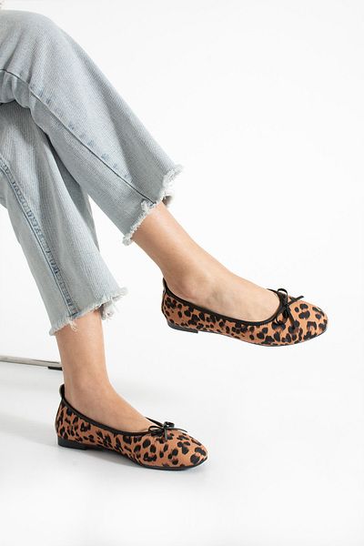 SOLDOY Leopard Patterned Women's Ballerinas - Heelless and Ribbon Detailed, Flat Sole