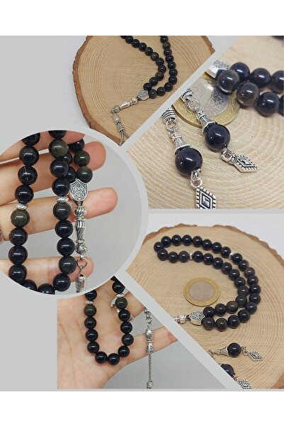 Yasamtohumu Piatră obsidiană aurie și neagră 33 mărgele de rugăciune 8 mm (1250)