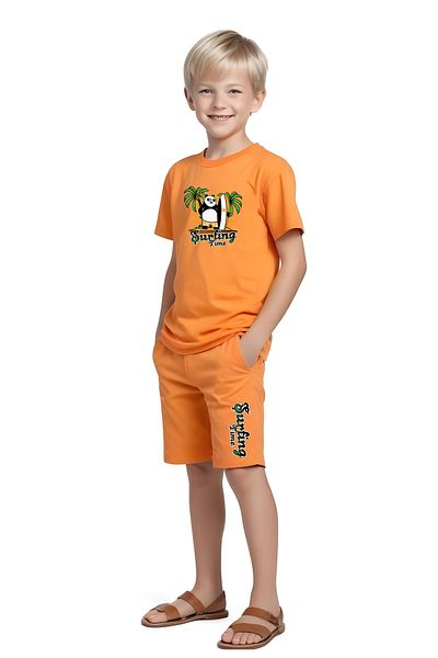 YA KO KİDS Panda Surf Printed Boys' Short Sleeve Double Pocket Bottom-Top Suit