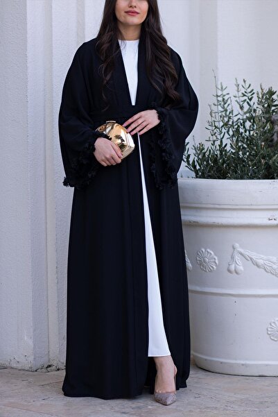 MELEK ARAZ Siyah Kolu Çiçek Detaylı Zahra Abaya