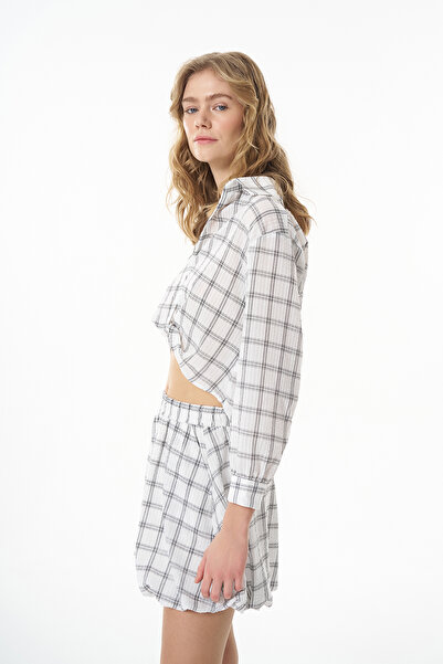 Quzu Ekose Çizgili Bağlamalı Gömlek Ekru