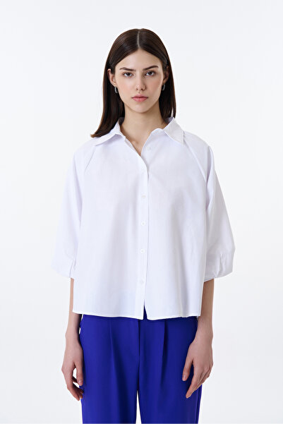 Quzu Balon Kol Detaylı Düğmeli Gömlek Beyaz