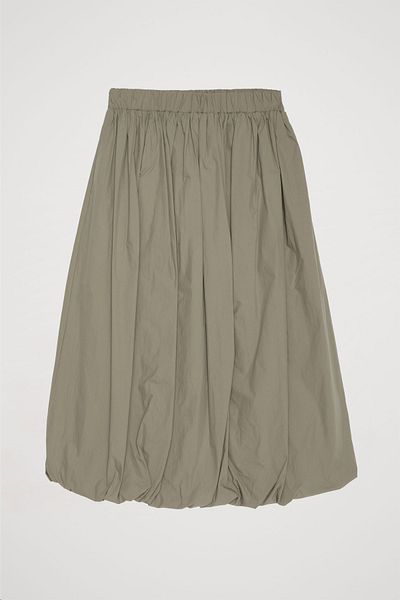 Quzu Khaki Midi Balloon Skirt - Pleat Detail