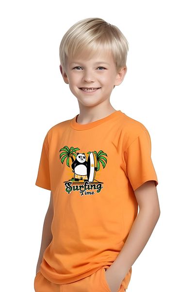 YA KO KİDS Panda Surf Printed Boys' Short Sleeve Double Pocket Bottom-Top Suit