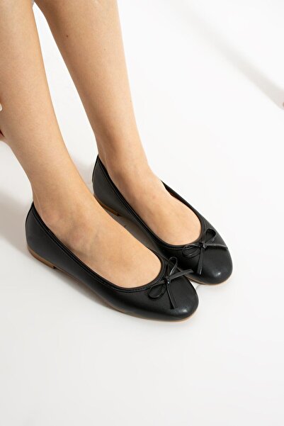 SOLDOY Balerini de damă cu detaliu cu panglică neagră fără toc - talpă plată