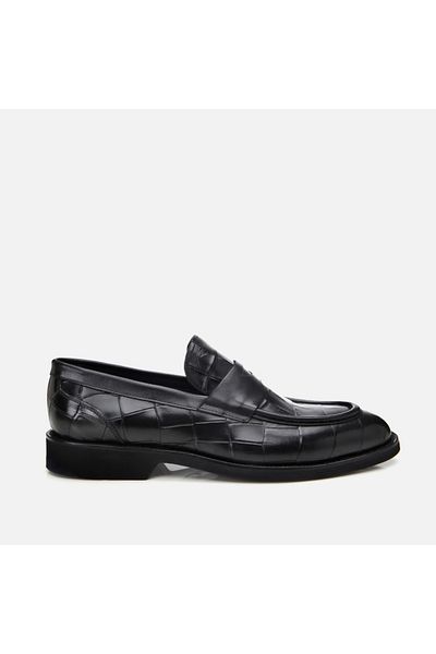 Hotiç Genuine Leather Black Men's Crocodile Pattern Loafer