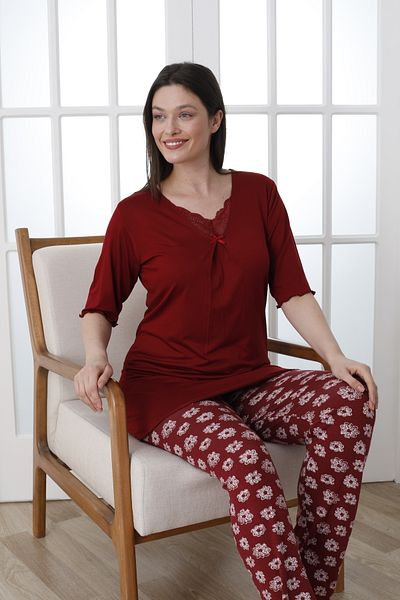 VG BOND MODA Women's Viscose Double Pajamas Set - Lace Collar and Print, Short Sleeve Vg139