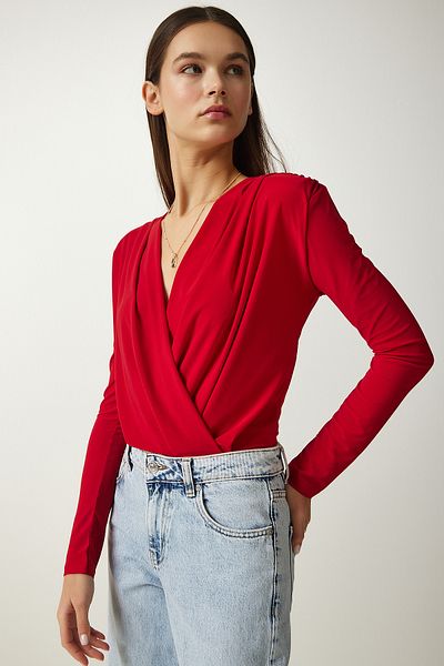 Lovelyİstanbul Red Knitted Blouse - Wrap Neck with Padding and Snaps Lff0003
