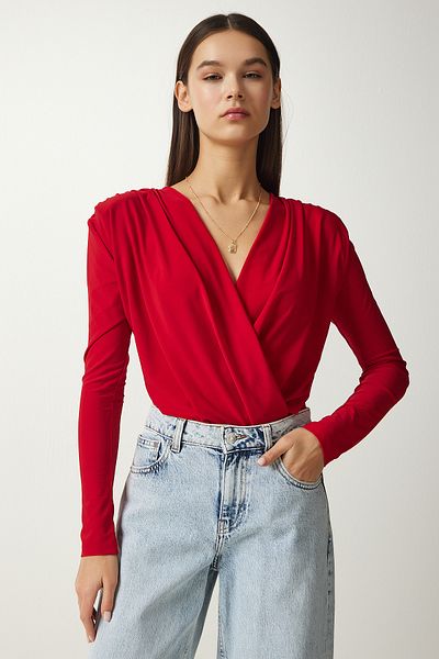 Lovelyİstanbul Red Knitted Blouse - Wrap Neck with Padding and Snaps Lff0003