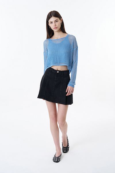 Quzu Anthracite Mini Denim Skirt - Pleat Detail