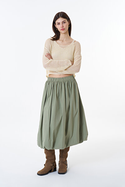 Quzu Pile Detaylı Midi Balon Etek Haki