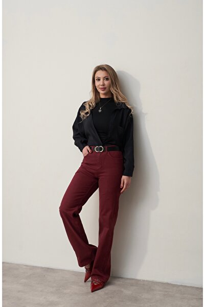 Rabia Çelik Kadın Bordo Straight Fit Marka Model Jean Pantolon