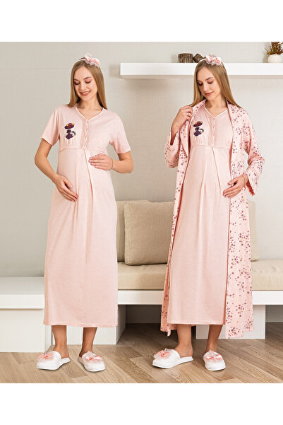 ERDENİZ TEKSTİL Lohusa Gecelik ve Sabahlıklı Hamile Gecelik / Kısa Kollu, Nakışlı Gecelik ve Desenli Sabahlık Takımı