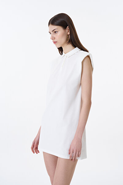 Quzu Ecru Mini Polo Neck Padded Dress