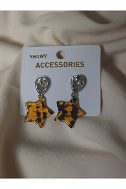 Avcıoğlu Aksesuar Women's Earrings Star Model Yellow Plexi Leopard Patterned ...