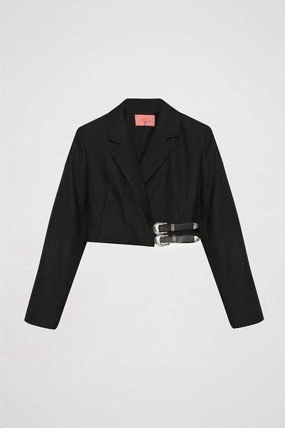 Quzu Jachetă Blazer Crop Neagră - Cu Accesoriu Curea