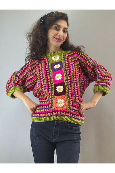 Gönülden Tasarım Hand Knitted Colored Ethnic Women's Sweater S/M
