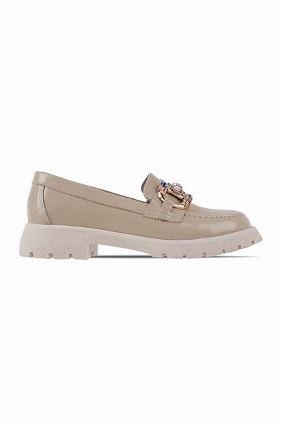 Lal Shoes & Bags Дамски удобни мокасини от естествена кожа с камъни - кремави лачени