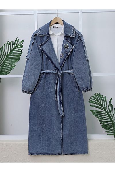 Modamorfo Trench din denim albastru gheață cu talie cu detaliu în piatră