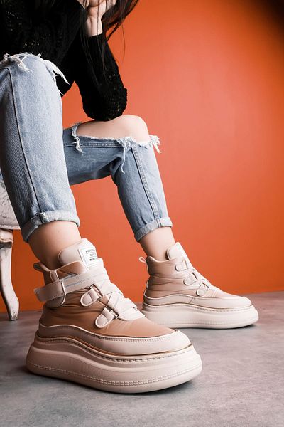 Lal Shoes & Bags Cizme Becca pentru femei Parașuta, impermeabile, cu velcro și elastic, cu talpă înaltă, crem