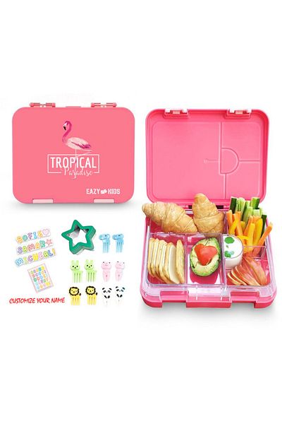 Eazy Kids 6 / 4 Compartment Bento Lunch Box w / Lunch Bag and Steel Food Jar Tropical - Pink