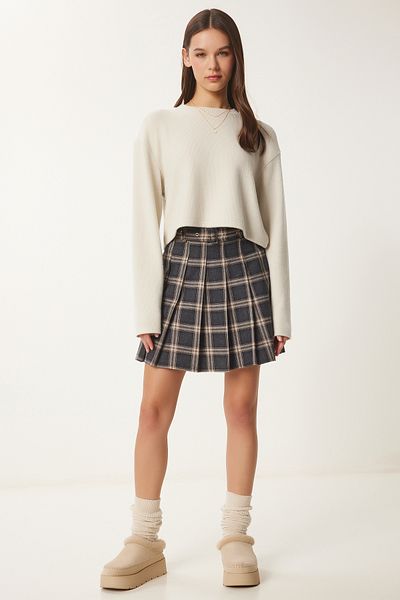 Lovelyİstanbul Anthracite Mink Mini Belted Square Skirt - Lns0020