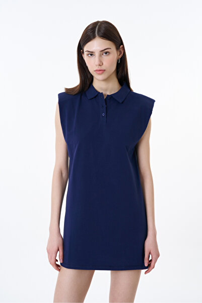Quzu Polo Neck Padded Mini Dress Navy Blue
