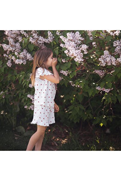 Antebies طقم بيجامة للفتيات من قماش الجاكار الأبيض العضوي المزخرف بأكمام قصير...