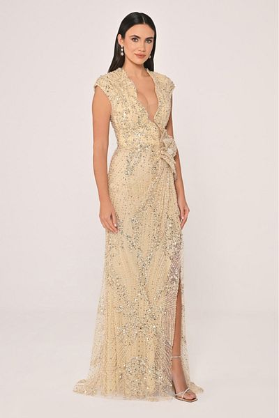 ALFABETA Deep V-Neck Slipping Slipping and Design Evening Dress for Wedding and Evening