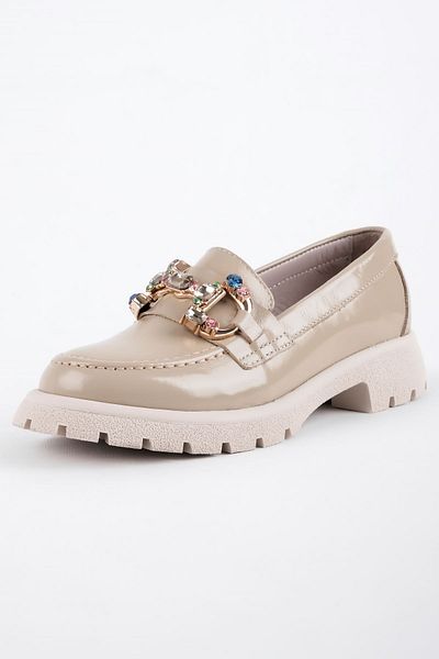 Lal Shoes & Bags Дамски удобни мокасини от естествена кожа с камъни - кремави лачени