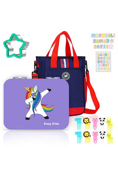 Eazy Kids Unicorn Purple 6 Compartment Bento Lunch Box w / Lunch Bag - Blue