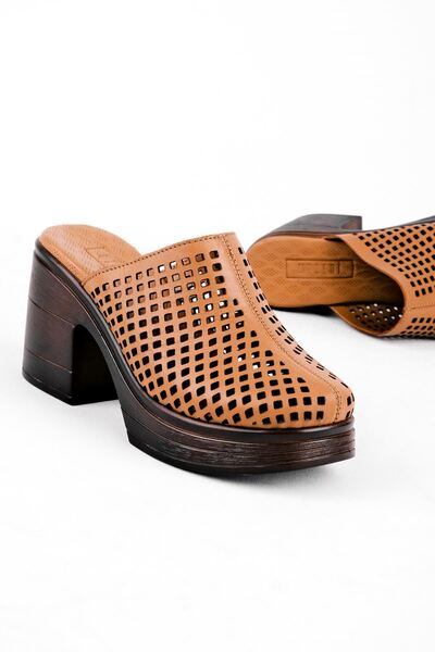 Lal Shoes & Bags Calins Women's Genuine Leather Perforated Heeled Clogs - Tan