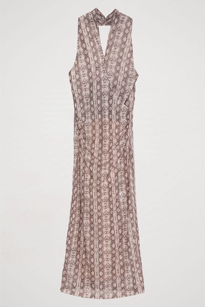 Quzu Rochie din tul adunat cu guler halter de culoare bej