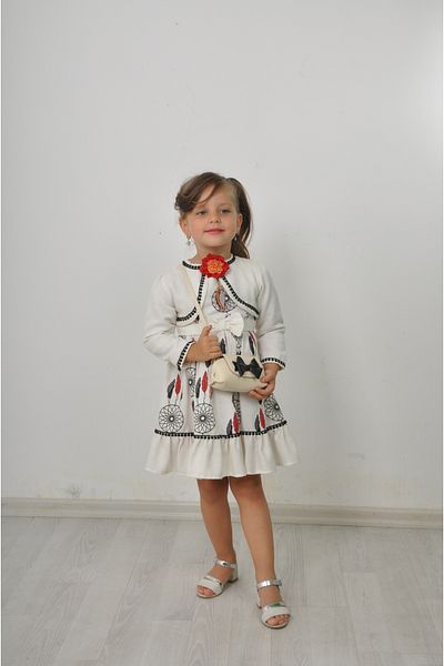 Filizdens Kids Рокля за момиче, топ без ръкави с шарка от пера и болеро, ежедневна рокля за рожден ден