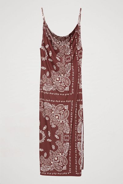 Quzu Print Shawl Collar Long Brown Dress