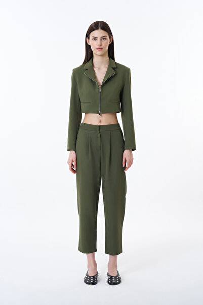 Quzu Khaki Crop Blazer Jacket - Μπροστινό φερμουάρ