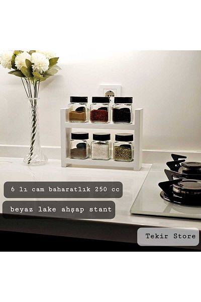 Tekir Store evinizi güzelleştirin 6 Pieces Glass Double Sided - White Lacquer Painted Spice Holder Wooden Jar with Pop up Lid