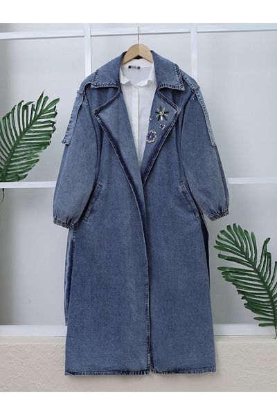 Modamorfo Trench din denim albastru gheață cu talie cu detaliu în piatră