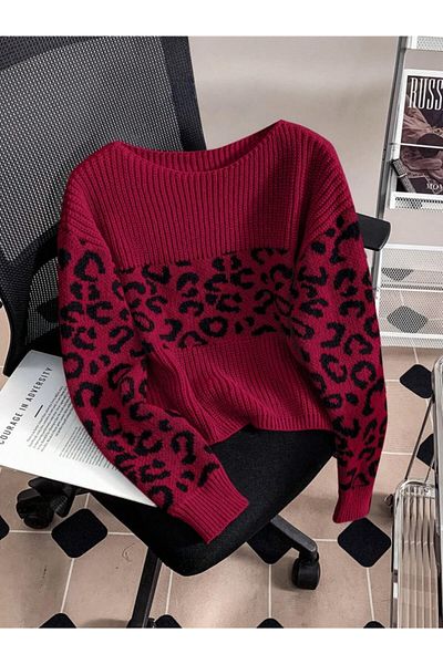 Dier Moda Leopard Print Crew Neck Oversize Knitwear Sweater