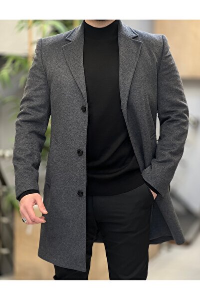 SAVARA Erkek kışlık ceket yaka koyu gri kaşmir kaban orta boy regular fit