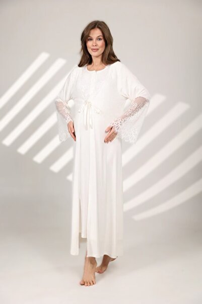 Pelin Kadın Ekru Dantel Detaylı Lohusa Hamile Gecelik Sabahlık Takım