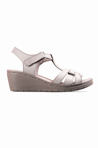 Lal Shoes & Bags Gray Genuine Leather Women's Heeled Sandals - Velcro Stripe Detail