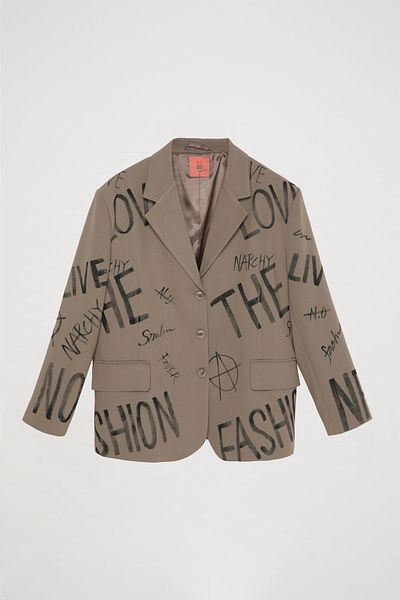 Quzu Light Khaki Blazer Jacket - Text Printed and Buttoned