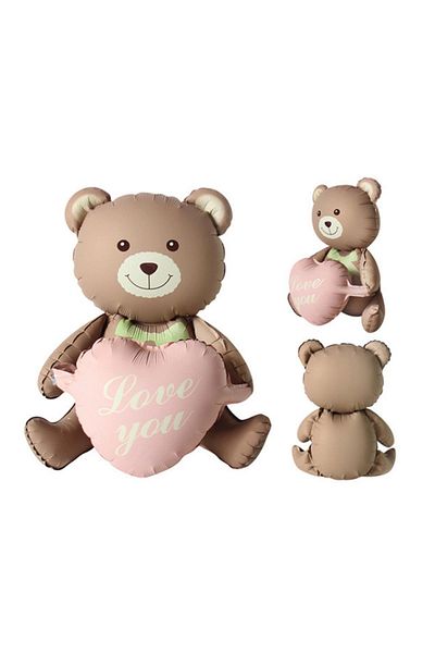 Patladı Gitti Retro Pink Heart Brown Sitting Bear Foil Balloon with Love You Written