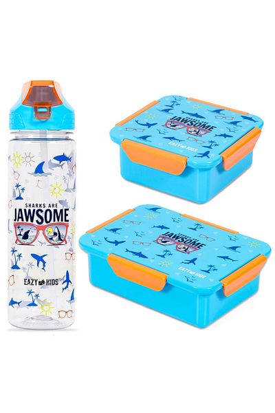 Eazy Kids Lunch Box Set and Tritan Water Bottle w / 2in1 drinking Flip lid and Sipper Jawsome - Blue