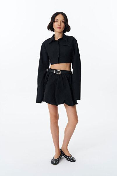 Quzu Kemer Aksesuarlı Cepli Mini Balon Etek Siyah