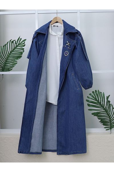 Modamorfo Trench din denim cu detaliu de piatră în față și talie cu șireturi - Albastru
