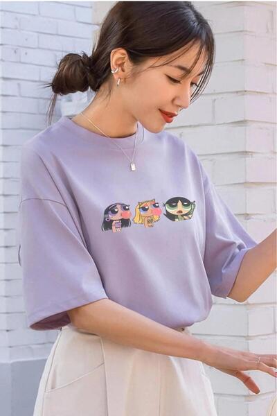 stg spor toptan giyim Γυναικείο μπλουζάκι λιλά Power Puff Girls με τύπωμα ove...